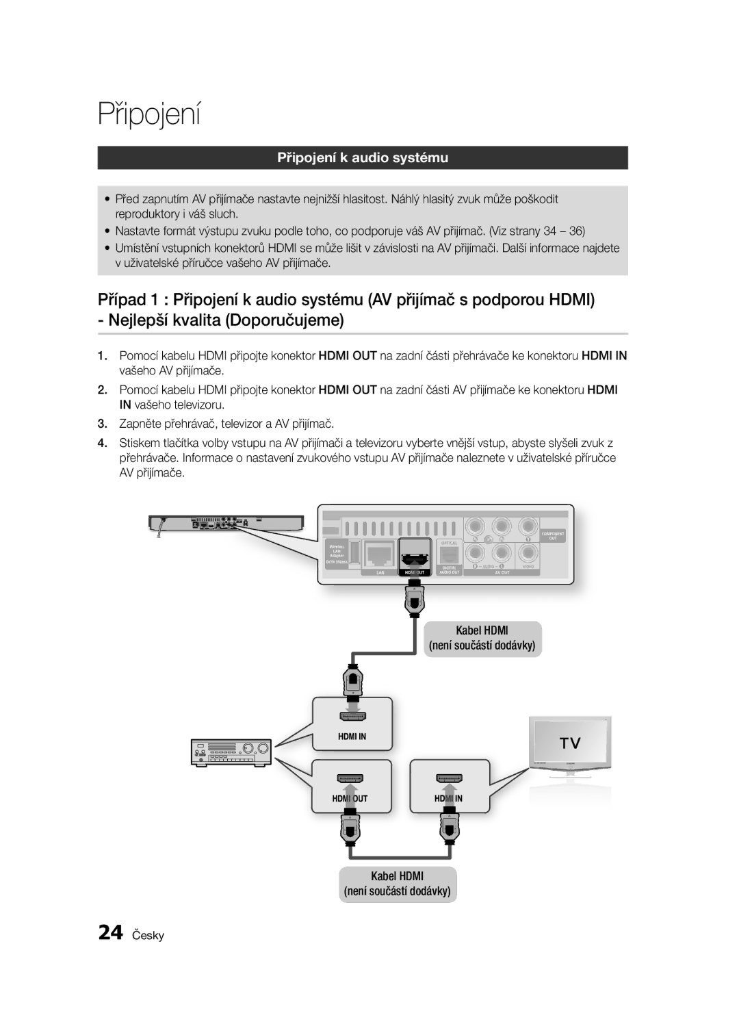 Samsung BD-D5500/XN, BD-D5500/ZA, BD-D5500/EN, BD-D5500/ZF, BD-D5500/XE manual Připojení k audio systému, 24 Česky 